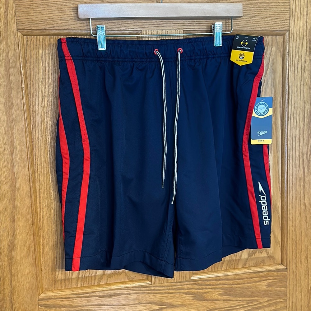 Speedo Blue & Red Comfort Stretch Swim trunks with Durable water repelle…
